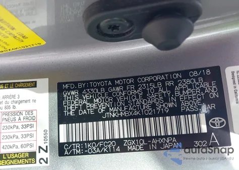 2019 Toyota C-Hr Le z USA, uszkodzony, nr VIN JTNKHMBX4K1021719